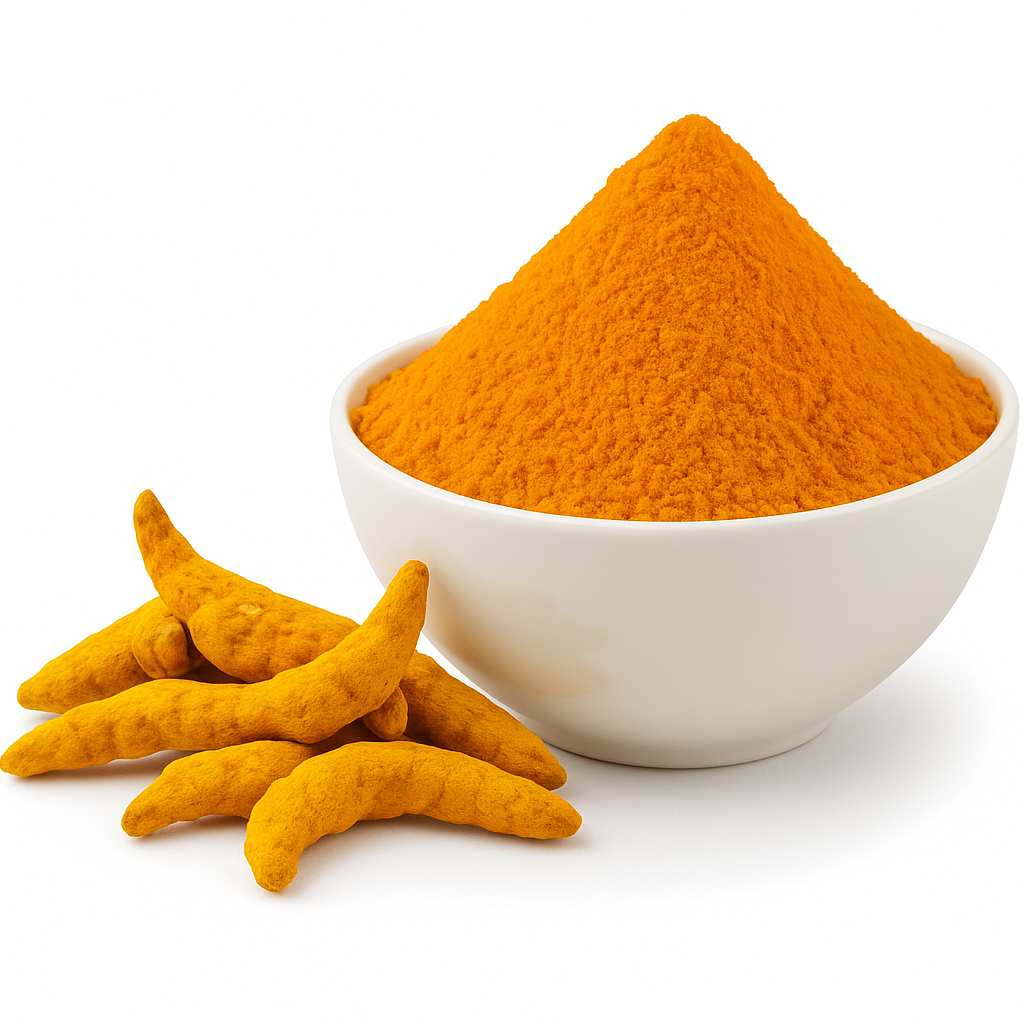 A white bowl filled with bright yellow turmeric powder next to dried turmeric roots on a white background.